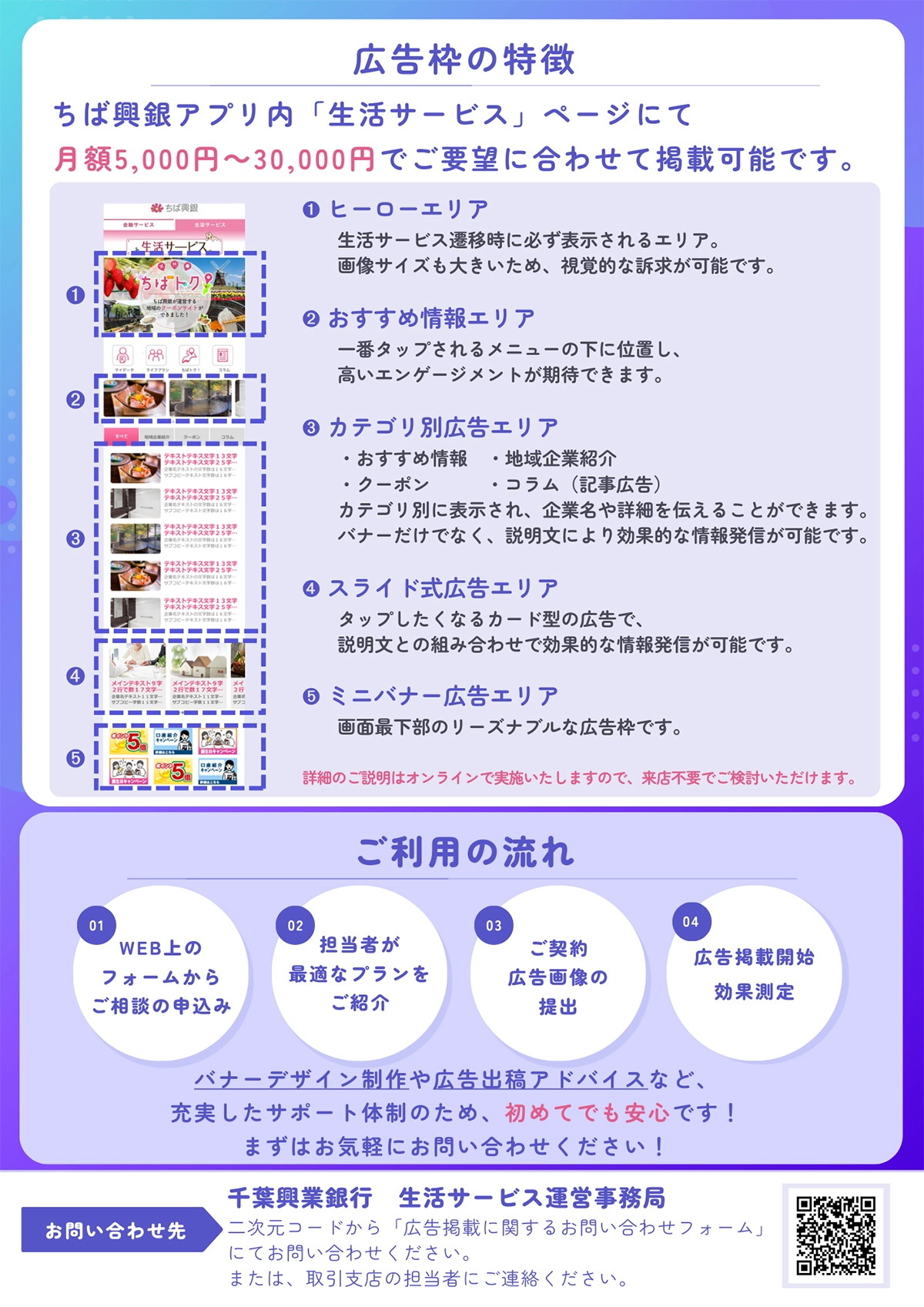 広告枠の特徴 ちば興銀アプリ内「生活サービス」ページにて月額5,000円～30,000円でご要望に合わせて掲載可能です。 ご利用の流れ 1.WEB上のフォームからご相談の申込み 2.担当者が最適なプランをご紹介 3.ご契約広告画像の提出 4.広告掲載開始 効果測定