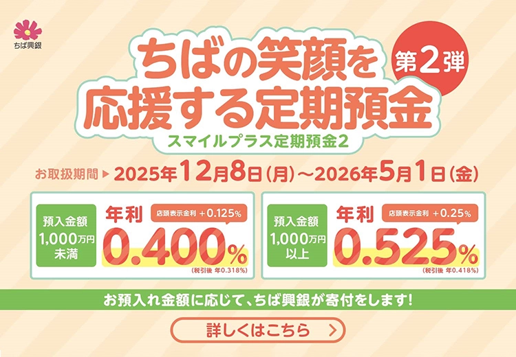 ちばの笑顔を応援する定期預金 スマイルプラス定期預金２ お取扱期間：2025年12月8日（月）～2026年5月1日（金）詳しくはこちら