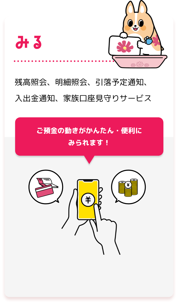 みる 残高照会、明細照会、引落予定通知、入出金通知、家族口座見守りサービス ご預金の動きがかんたん・便利に みられます！