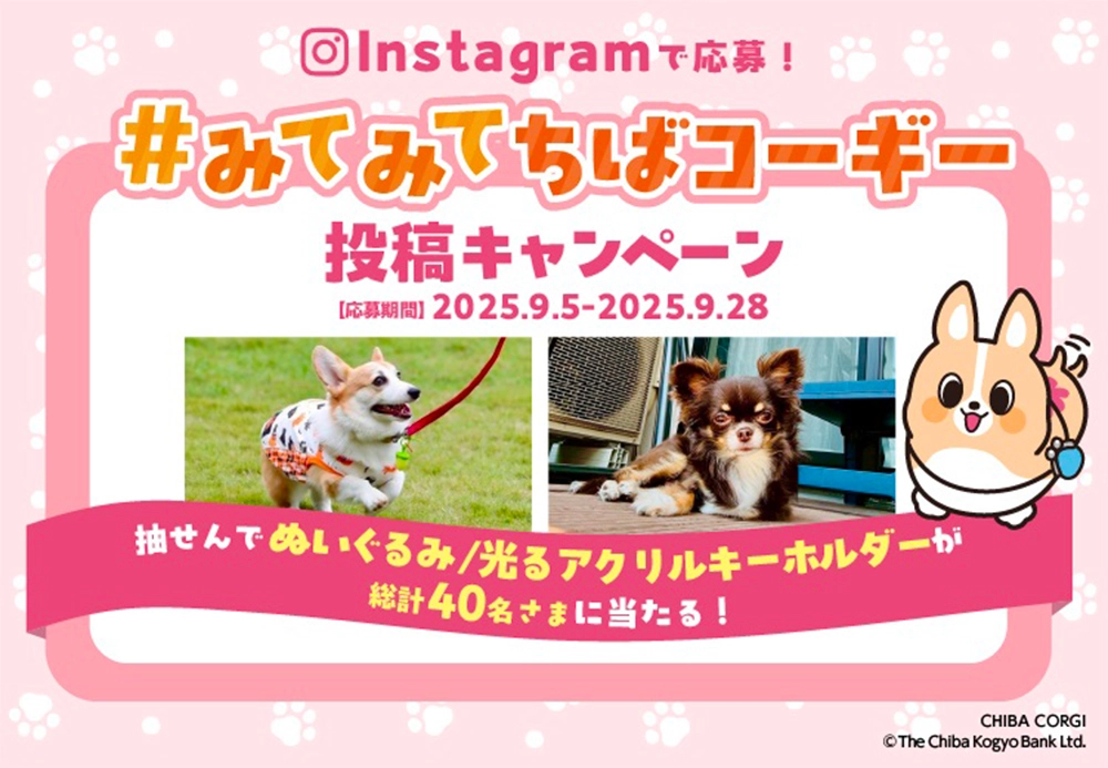 Instagramで応募!#みてみてちばコーギー 投稿キャンペーン 応募期間:2025.9.5-2025.9.28 抽せんでぬいぐるみ/光るアクリルキーホルダーが総計40名さまに当たる!