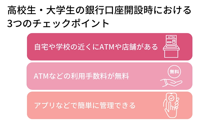 高校生・大学生が口座を開設する際は、ATMや店舗の場所、手数料、アプリの使いやすさを確認しよう