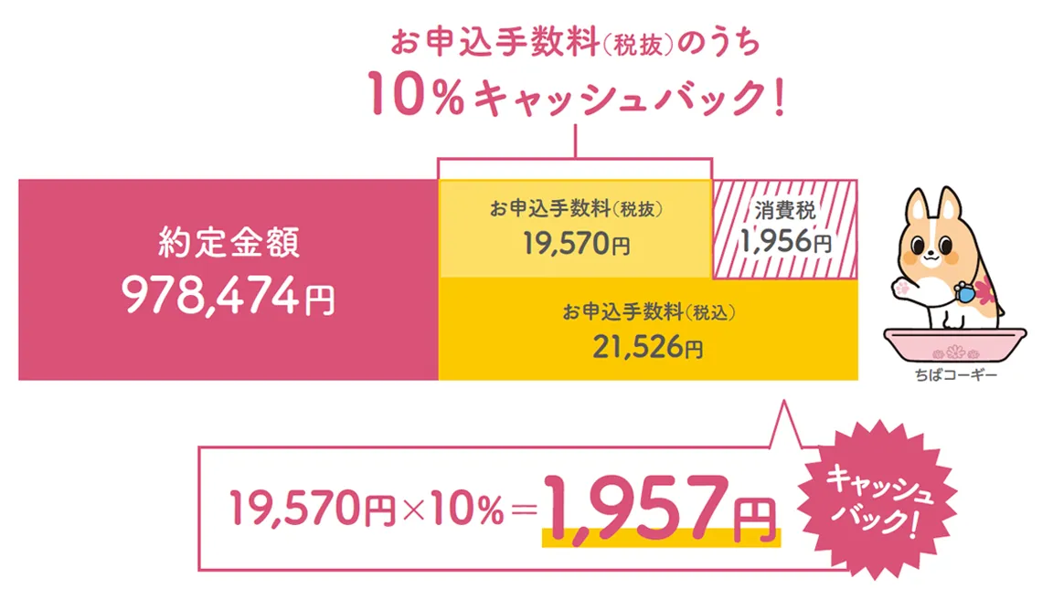 お申込み手数料（税抜）のうち10％キャッシュバック！