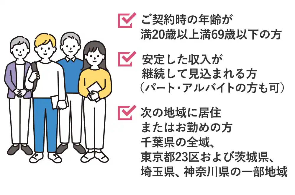 ご契約時の年齢が満20歳以上満69歳以下の方 安定した収入が継続して見込まれる方(パート・アルバイトの方も可 次の地域に居住またはお勤めの方 千葉県の全域、東京都23区および茨城県、埼玉県、神奈川県の一部地域