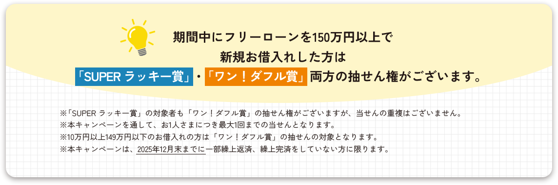 期間中にフリーローンを150万円以上で新規お借入れした方は「SUPER ラッキー賞」・「ワン!ダフル賞」両方の抽せん権がございます