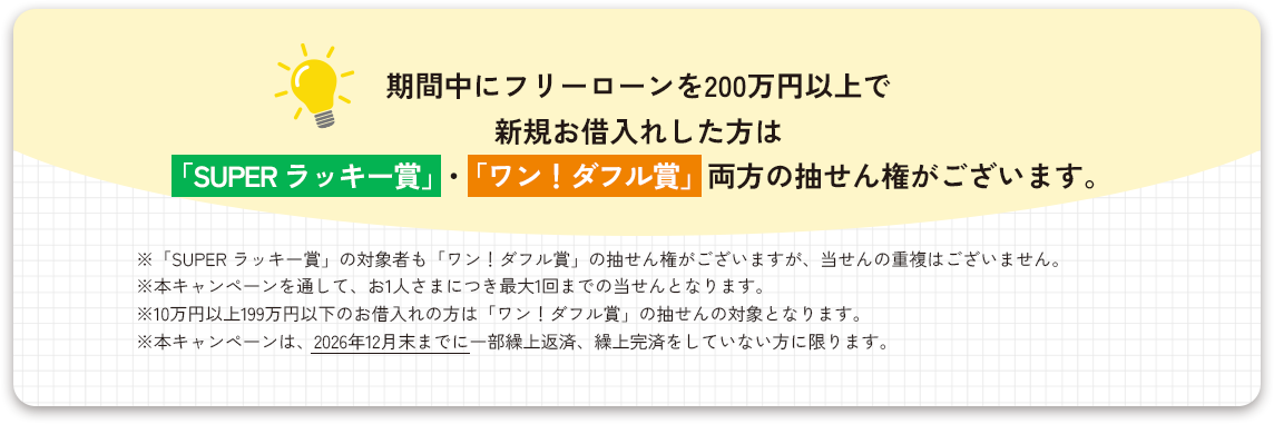 期間中にフリーローンを150万円以上で新規お借入れした方は「SUPER ラッキー賞」・「ワン！ダフル賞」両方の抽せん権がございます
