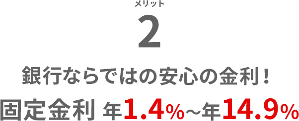 銀行ならではの安心の金利！固定金利 年1.4%～年14.9％